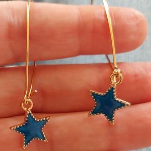 Blue enamel star earrings on gold tone 2 inch hoops